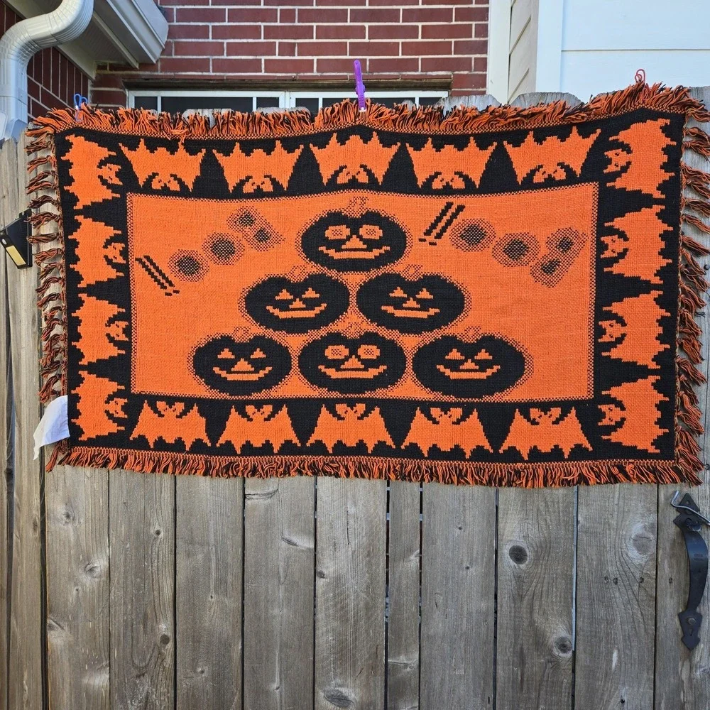 Vtg 1996 Windham Trading Pumpkin Halloween Tapestry Rug Throw Decor 30 X 48